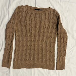 Ralph Lauren Cable Knit Sweater Womens Large Tan Gold Metallic Fisherman LRL